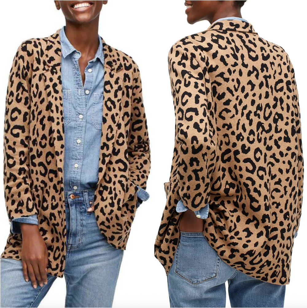 J. Crew Sophie Open Front Sweater Blazer in Leopard Size XS Wool Blend Animal